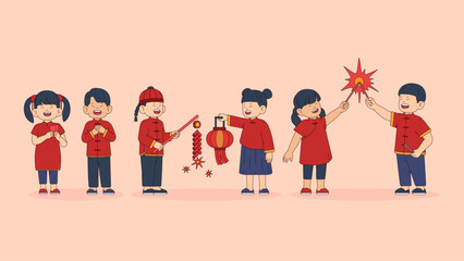 Fototapeta premium Asian children celebrate lunar new year. Chinese children wear red national costume. Isolated illustration of children celebrate lunar new year.