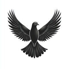 Obraz premium Black dove in flight, wings spread wide, isolated on white.