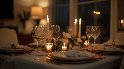 A beautifully arranged dining room table with white plates and candles