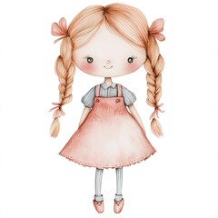 Fototapeta premium a cute rag doll, handmade design, soft pastel tones, watercolor illustration, isolated on white background 