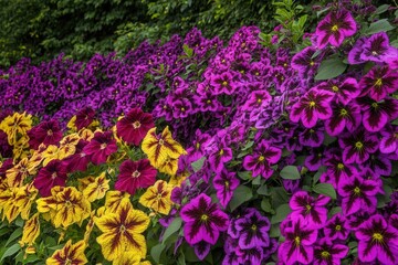Obraz premium Vibrant flower garden with purple, yellow, and red blooms.