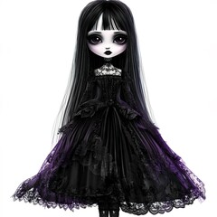 Naklejka premium a gothic doll, dark and mysterious theme, digital painting, black and deep purple, isolated on white background 