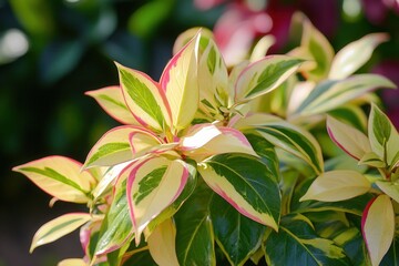 Fototapeta premium Vibrant foliage with variegated leaves in sunlight.