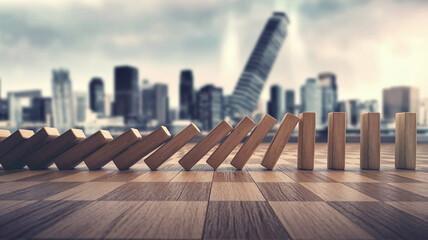 Obraz premium A close-up of dominoes toppling in a chain reaction, symbolizing the ripple effect of financial crises, economic collapses, or cascading failures in systems. 
