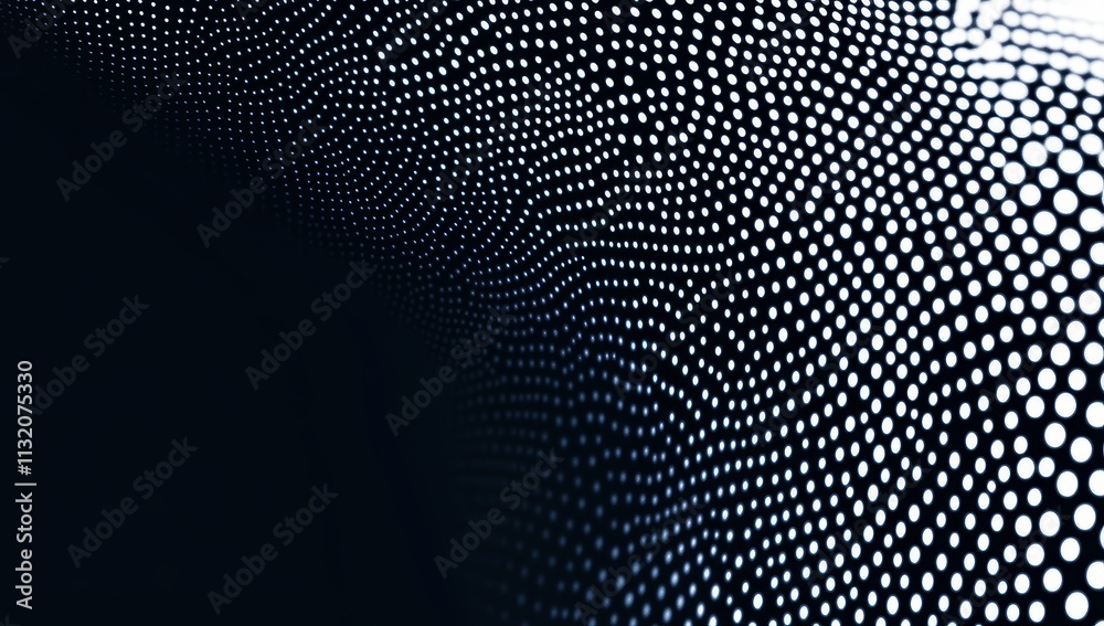 Poster abstract wave of glowing dots on dark background.