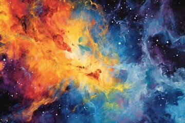 Fototapeta premium Abstract Cosmic Nebula Painting Vibrant Hues of Blue Orange and Purple