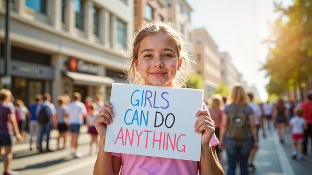 Young girl holding "Girls Can Do Anything" sign on a busy street - Powered by Adobe
