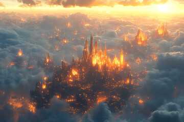 Fiery Celestial City: A Glowing Metropolis Above the Clouds at Sunset
