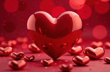 There is a large red mother-of-pearl heart in this place. There are several red pearl hearts of different sizes around it. The background is red. The bokeh effect. valentine's day. The concept of love