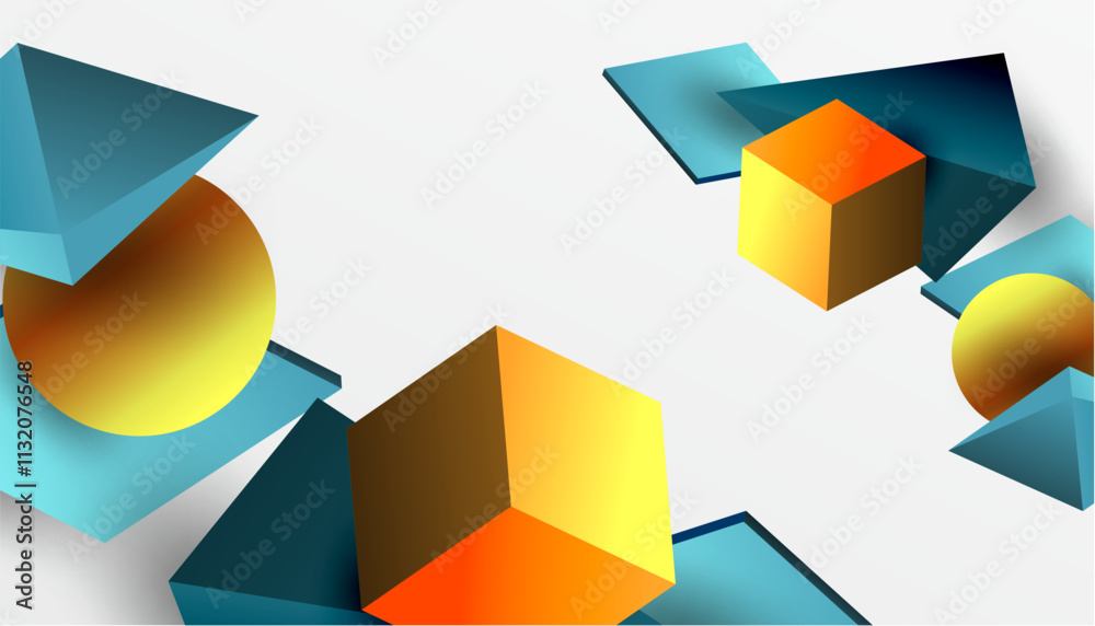 Poster Abstract design showcasing isometric cubes, pyramids, squares, and spheres in a vibrant 3D layout. Modern and dynamic, perfect for tech, design, or futuristic themes