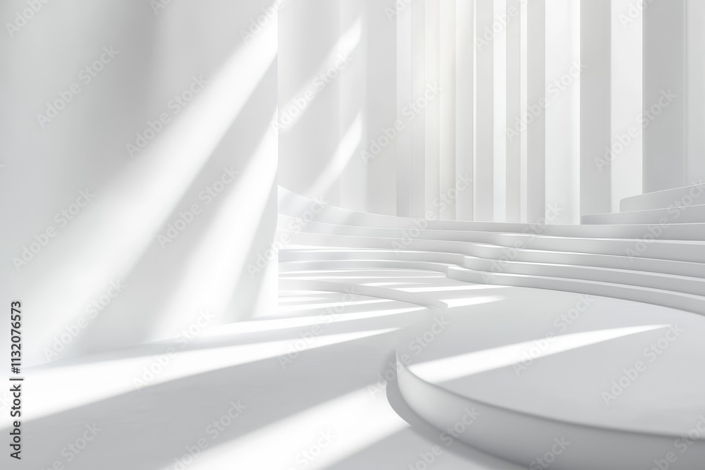 Poster abstract white architecture interior with sunlight and curved platforms.