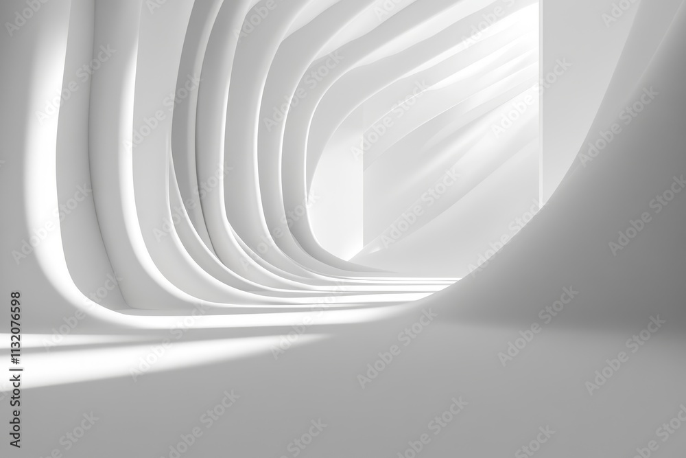 Poster abstract white architectural interior with curved walls and light rays.