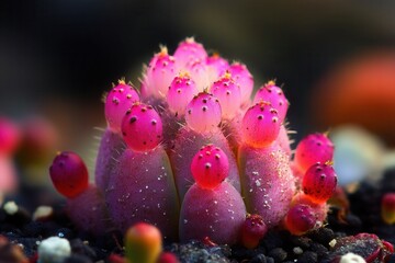 Vibrant pink cactus with rounded tips in a natural setting.