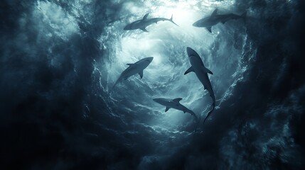 Naklejka premium Sharks swimming and circling in the deep ocean together