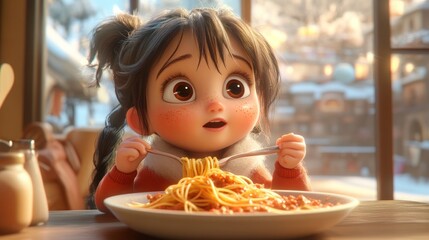 Adorable cartoon girl enjoying a delicious plate of spaghetti in a cozy restaurant.