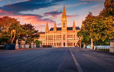Fantastic evening view of Vienna City Hall. Wonderful autumn sunrise in Austria, Europe. Amazing cityscape of Vienna town. Traveling concept background.