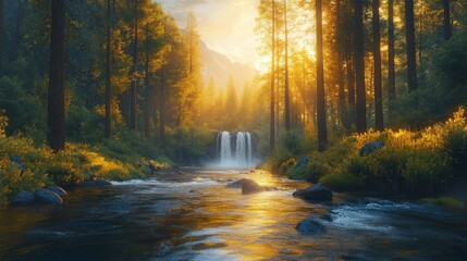 Obraz premium Golden sunset illuminates a serene waterfall cascading into a forest river.