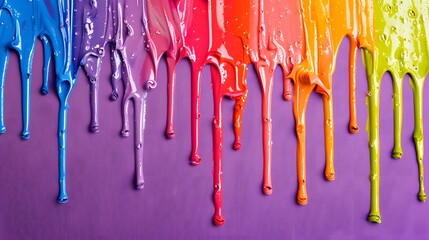 Colorful glossy paint dripping down a purple surface.
