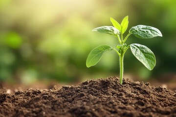 Fototapeta premium Young plant sprouting from rich soil in natural light.