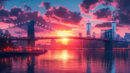 Obraz premium Vibrant sunset over Manhattan skyline with Brooklyn Bridge reflection.
