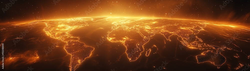 Poster illuminated digital world map with flowing data streams and a warm glow, showcasing global connectiv