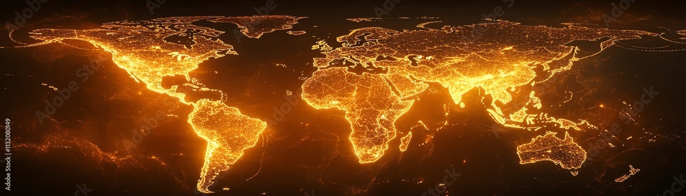 Poster illuminated digital world map with flowing data streams and a warm glow, showcasing global connectiv