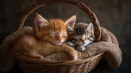 Two adorable kittens sleeping soundly together in a cozy woven basket, nestled in a soft blanket.