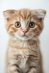 Scottish fold cat with folded ears sitting on a white background, looking adorable