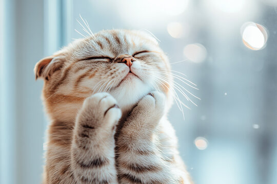 Scottish fold cat with folded ears sitting on a white background, looking adorable
