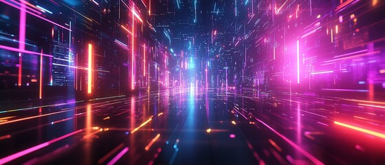 Fototapeta premium Stock market data with fluctuating graphs and financial trends on a dynamic digital interface, glowing neon lines and vibrant color accents