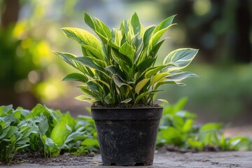 A potted plant with vibrant green and yellow leaves.