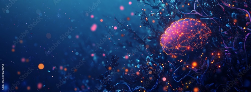 Poster Glowing brain within abstract neural network.