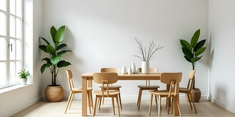 Fototapeta premium A modern minimalist dining room with a wooden table and chairs, potted plants, and decorative items on the table