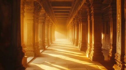 Obraz premium a temple corridor, each column adorned with elaborate carvings, as golden sunlight casts gentle shadows along the pathway