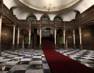 3d render of an antique luxurious entrance hall with a big staircase and a dark red carpet. No AI used