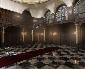 3d render of an antique luxurious entrance hall with a big staircase and a dark red carpet. No AI used