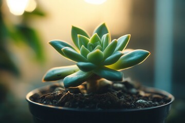 A succulent plant in a pot with soft lighting.