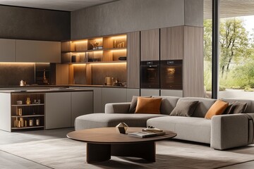 Fototapeta premium Modern kitchen and living area with sleek cabinetry, island, and sectional sofa.