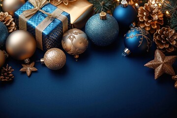 Fototapeta premium Elegant Christmas Decorations with Gold and Blue Ornaments and Gifts on Dark Background for New Year Greeting Card Design
