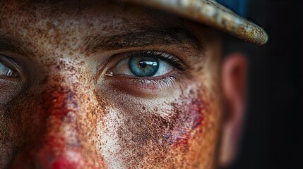 Naklejka premium Close-up portrait of a battle-worn soldier's face, showing determination and resilience.