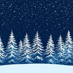 Fototapeta premium Vector Scene of Snowy Pines Against a Dark, Starry Sky Snowfall Against Dark Skies, Winter season, Happy New Year, Happy Christmas 
