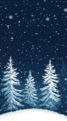Naklejka premium Vector Scene of Snowy Pines Against a Dark, Starry Sky Snowfall Against Dark Skies, Winter season, Happy New Year, Happy Christmas 