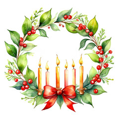 Hypericum berries Christmas advent decor with sixcandle round and red ribbon below with round leaf of  Mistletoe watercolor with white background