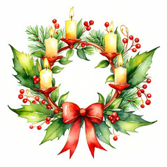 Varation Hypericum berries Christmas advent decor with four candle round and red ribbon below with round leaf of  Mistletoe watercolor with white background