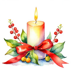 Variation of Hypericum berries Christmas decor with a candle and red ribbon below with round leaf of  Mistletoe watercolor with white background