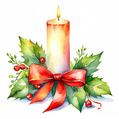 Variation of Hypericum berries Christmas decor with a candle and red ribbon below with round leaf of  Mistletoe watercolor with white background