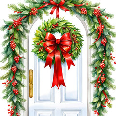 Door decor Hypericum berries Christmas  old houses have had their historic doors decor with red ribbon watercolor with white background