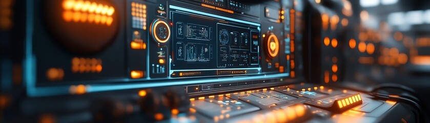 Obraz premium Digital control panel with interactive icons, showcasing cuttingedge technology in a futuristic industrial environment, glowing highlights