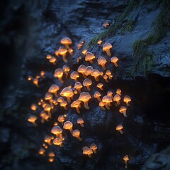 Glowing Mushrooms Cluster On Dark Rock Face