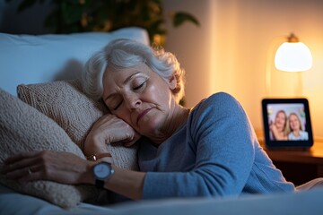 Obraz premium Senior Woman Embracing Tech in Cozy Bedroom Haven